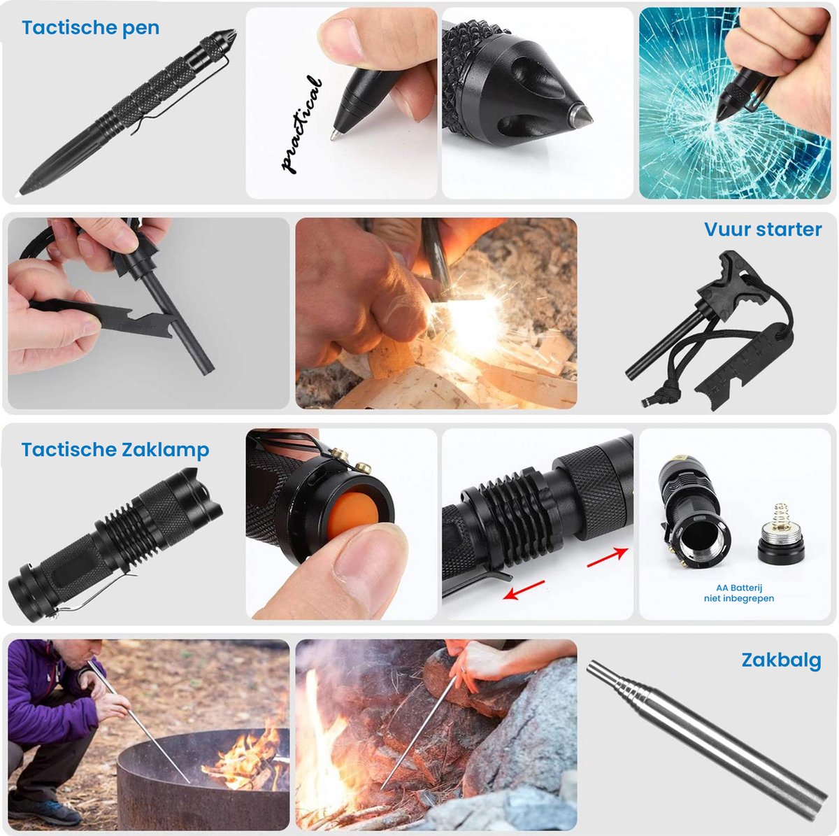 YONO Survival Kit Outdoor - Armband - Zakmes - Zaklamp - Vuurstarter - Kompas - Nooddeken en meer - XL Set