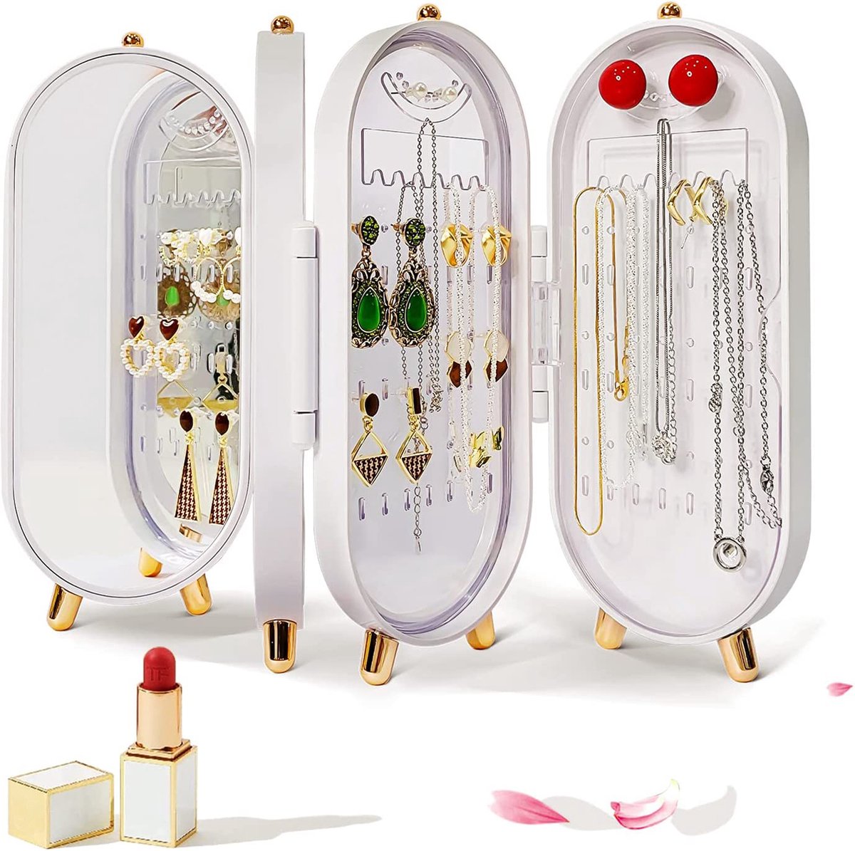 YONO Compacte Sieradenhouder met Spiegel - Sieraden Display Organizer - Oorbellen Standaard - Oorbellenrekje - Ketting Houder - Sieradendoosje - Wit