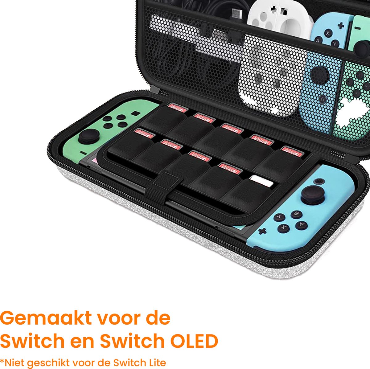 YONO Glitter Case geschikt voor Nintendo Switch / Switch OLED - Opbergtasje Hoesje - Beschermhoes - Zilver