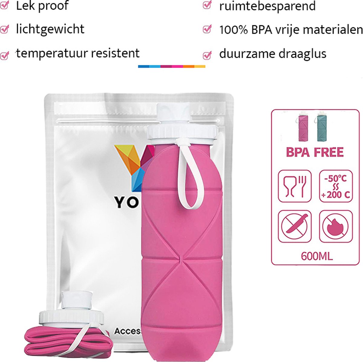 YONO Opvouwbare Waterfles - Siliconen Drinkfles voor Onderweg - Compact en BPA-vrij - 600 ML - Roze