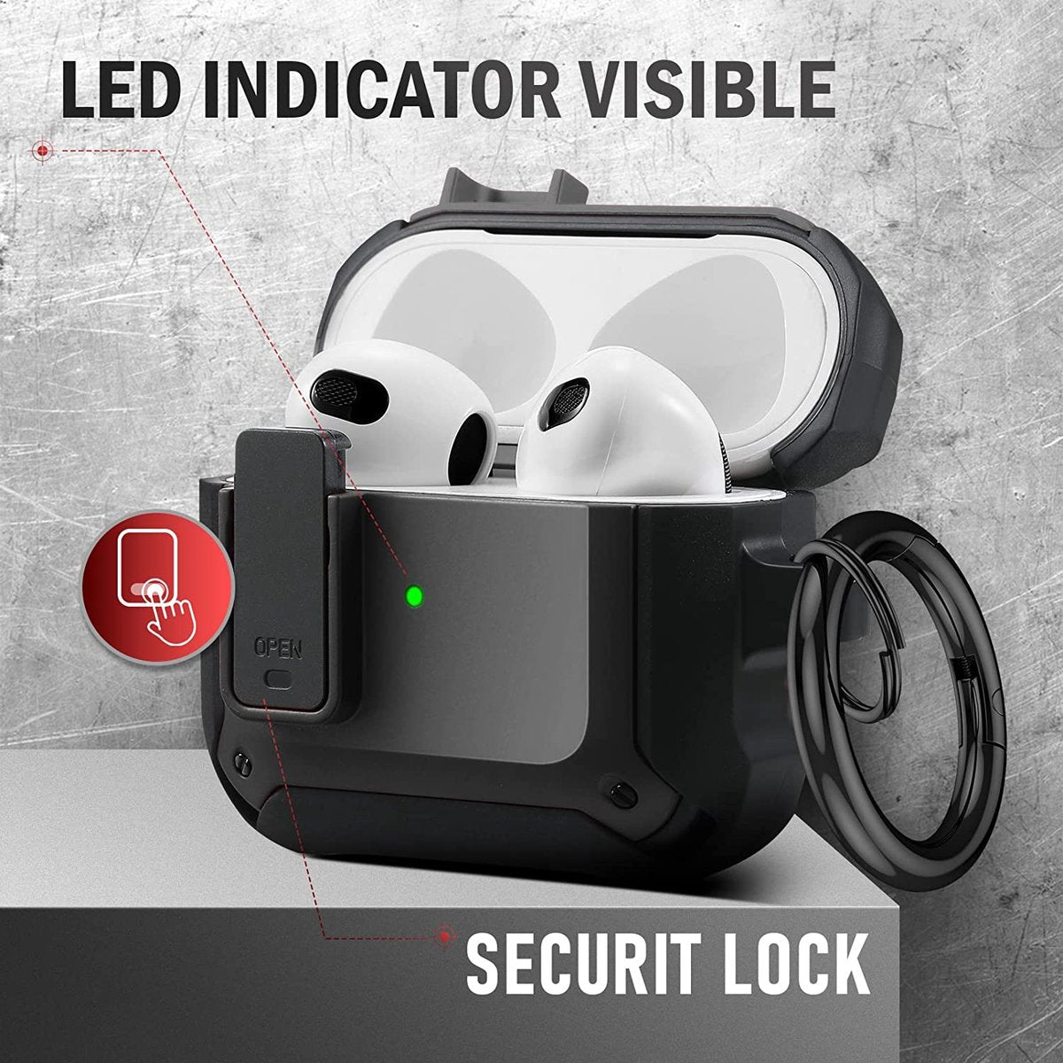 YONO Armor Hoesje geschikt voor Apple Airpods 3 (3e Generatie) - Hard Case met Lock en Clip - Zwart