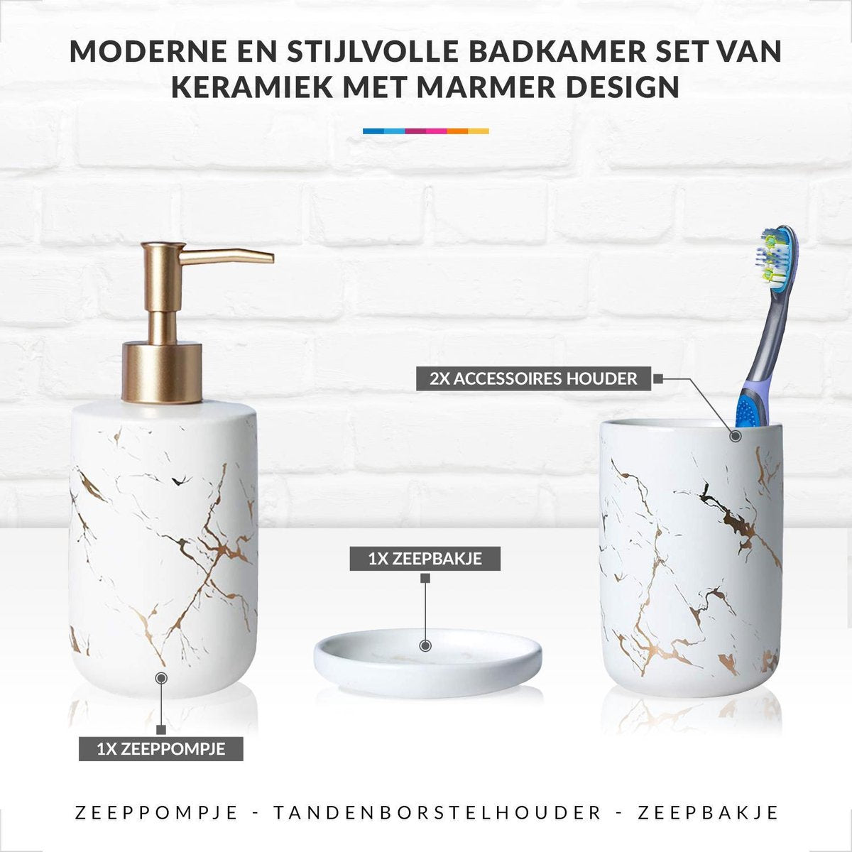 Badkamer Accessoires Set – Tandenborstelhouder –Zeeppompje Zeepbakje – Keramiek met Marmer Design – Wit