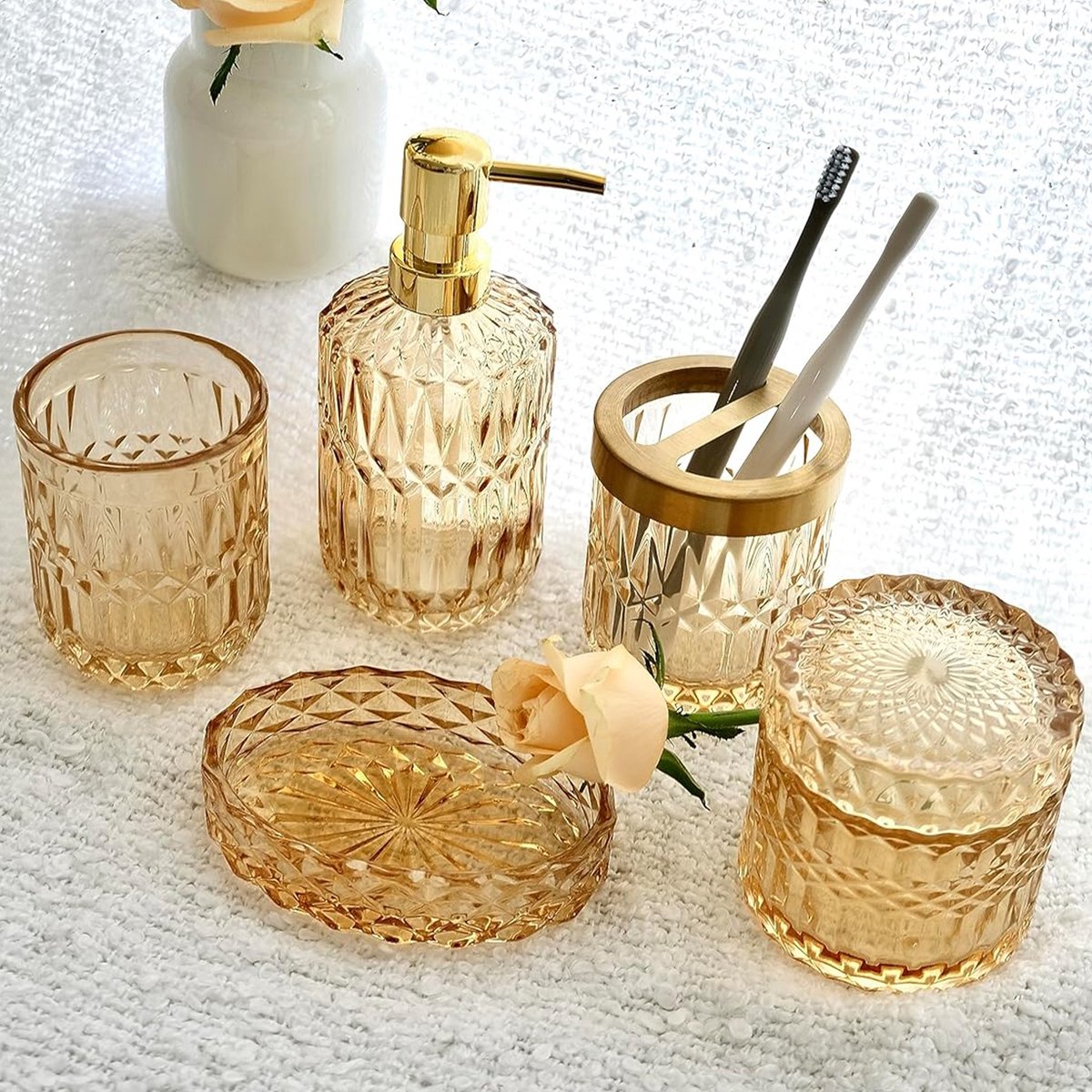 YONO Badkamer Accessoires Set - Gehard Glas - Zeeppompje - Zeepbakje - Tandenborstel Houder - Beker - Oker