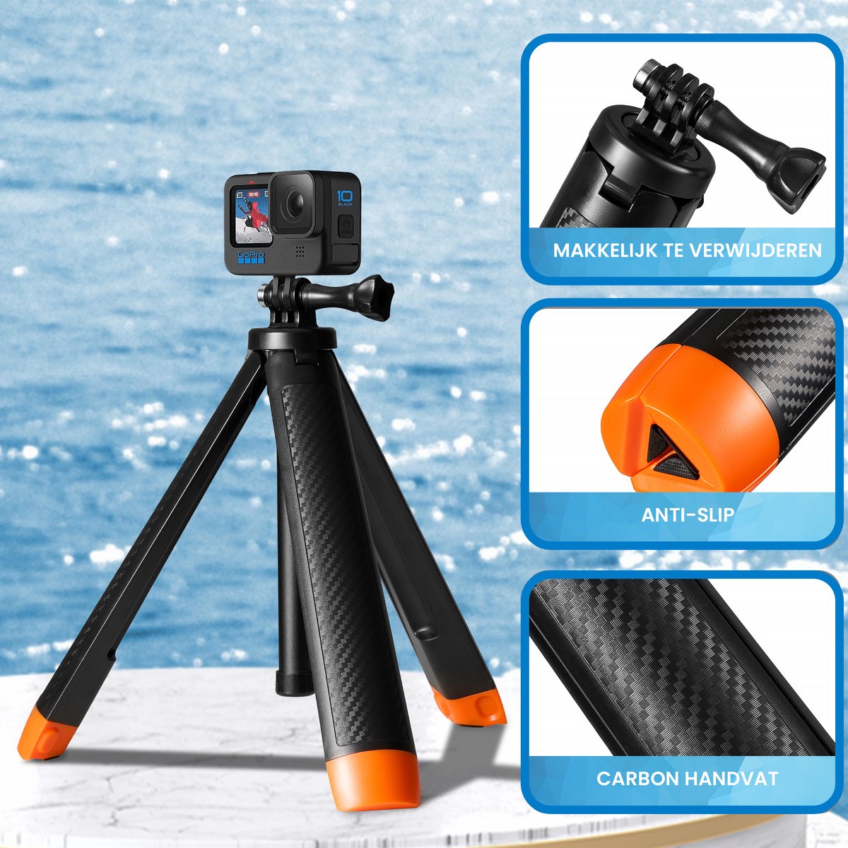 YONO Floating Stick geschikt voor GoPro / DJI Osmo / Insta360 - Uitschuifbare Tripod Grip Waterproof - Zwart
