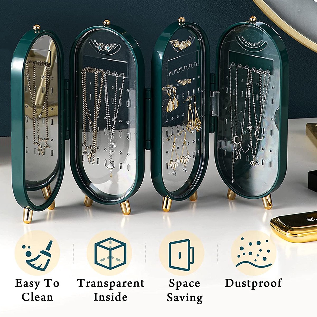 YONO Compacte Sieradenhouder met Spiegel - Sieraden Display Organizer - Oorbellen Standaard - Oorbellenrekje - Ketting Houder - Sieradendoosje - Donkergroen