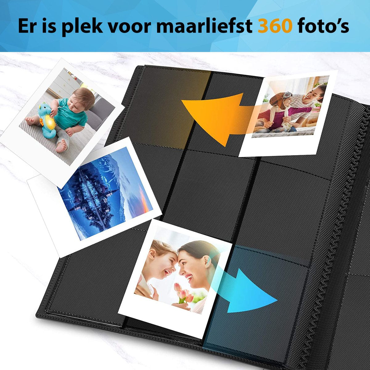 YONO Fotoalbum 360 voor Instant Camera Fotopapier - Fotoboek Geschikt voor Fujifilm Instax Mini 12 / 11 / 9 / 8 / 7s / 25 / 90 / Link / SP-2 / Liplay - Film Polaroid - Kodak - Square en Meer - Zwart