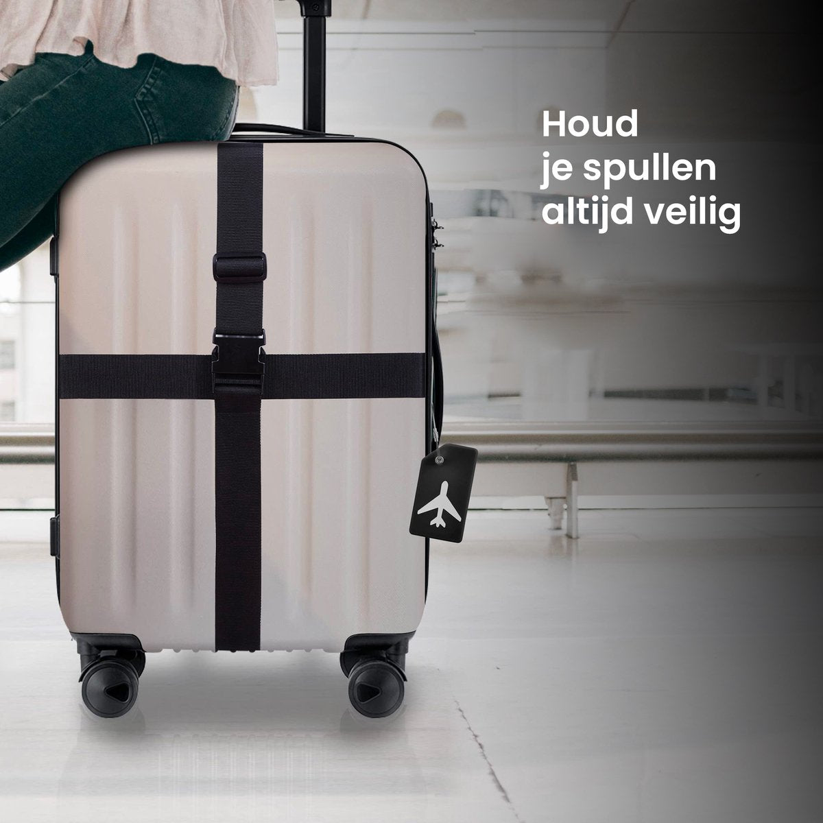 YONO Kofferriem met Kofferlabel - 2 Kofferband en 2 Bagagelabel - Dubbele Bagage Riem Verstelbaar - 4 Pack - Zwart