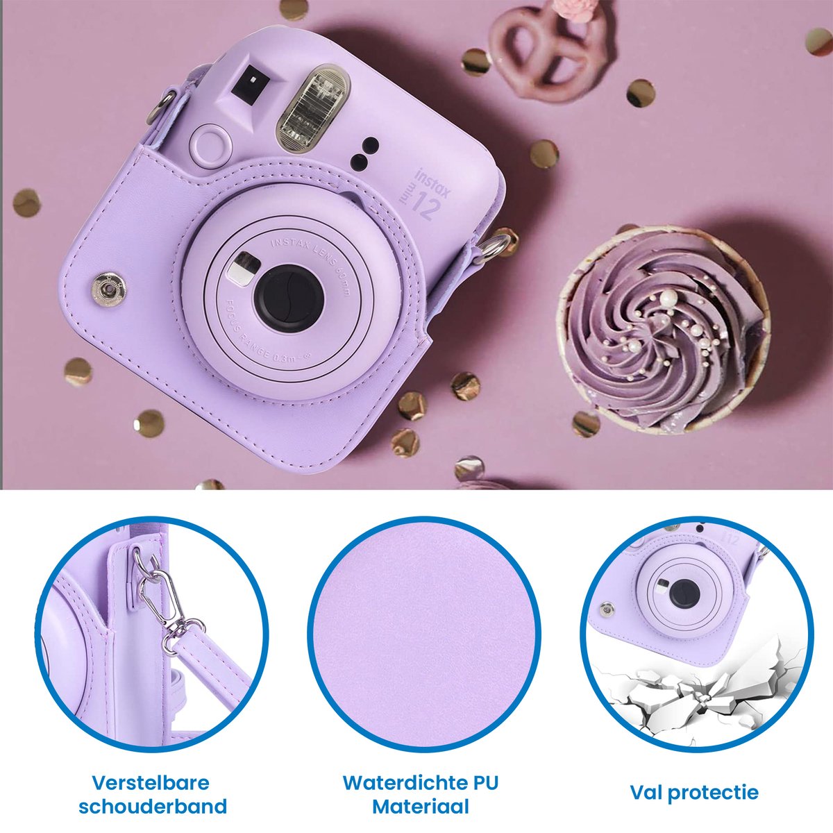 YONO Accessoires Set XL geschikt voor Fujifilm Instax Mini 12 - Camera Tas met Draagriem - Hoesje en Fotoalbum - Fotolijstjes - Filters - Stickers - Lila Paars