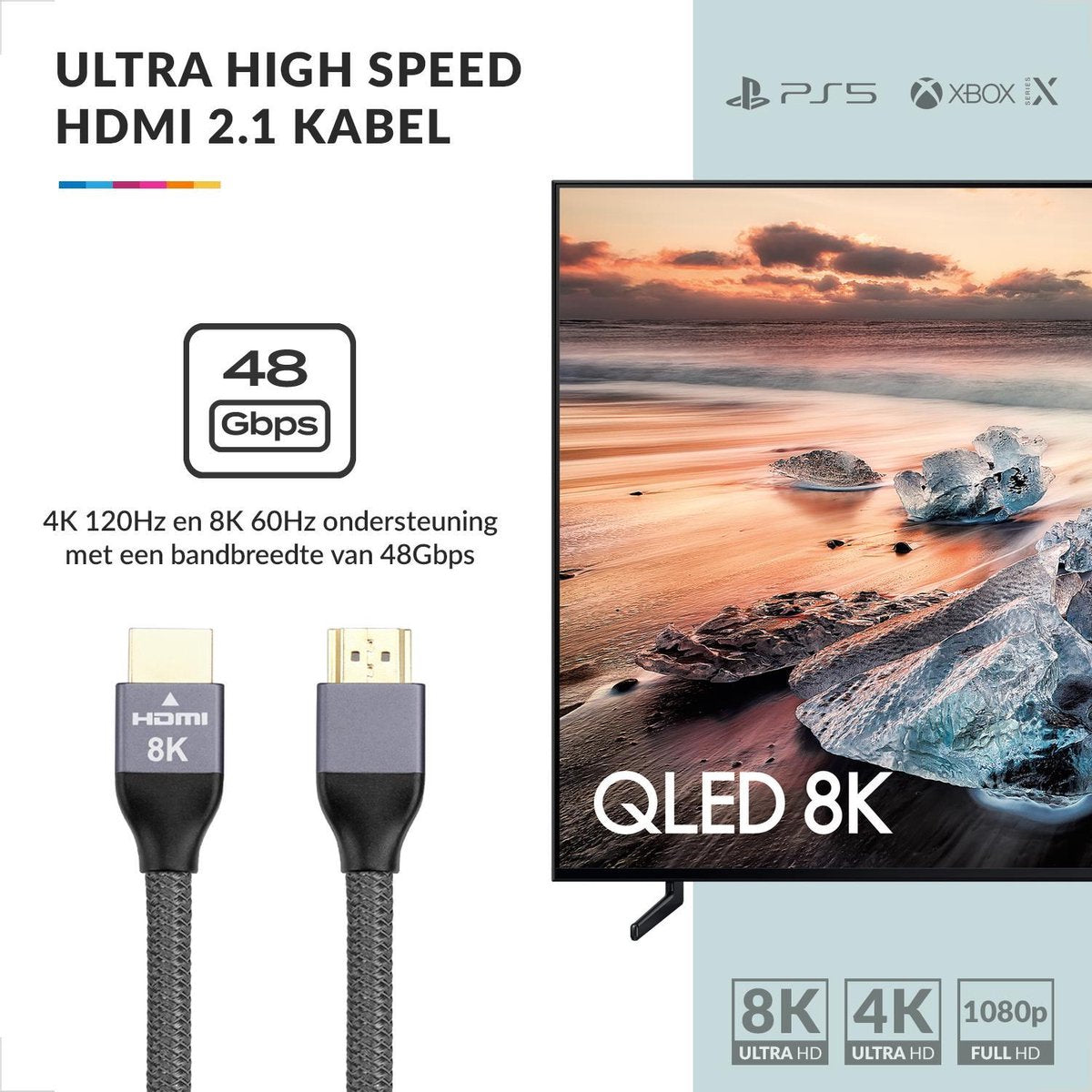 HDMI 2.1 kabel Ultra High Speed – geschikt voor PS5 en Xbox Series X ondersteuning 8K en 4K – Gold Plated – Nylon – 1.5 Meter