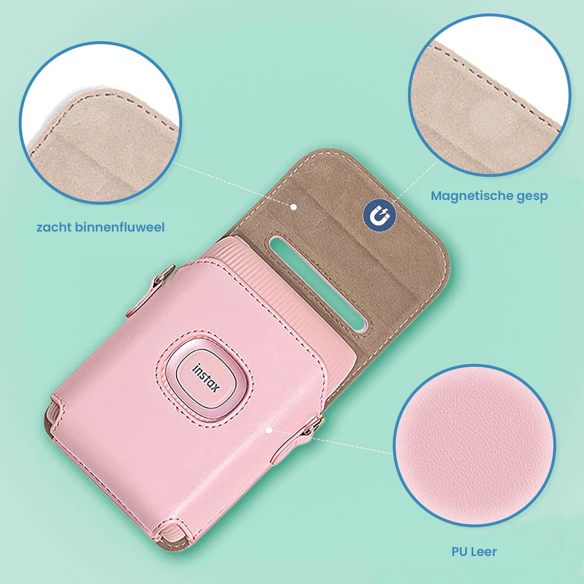 YONO Case geschikt voor Fujifilm Instax Mini Link 2 - Leren Hoesje met Draagriem - Tasje - Beschermhoes - Roze