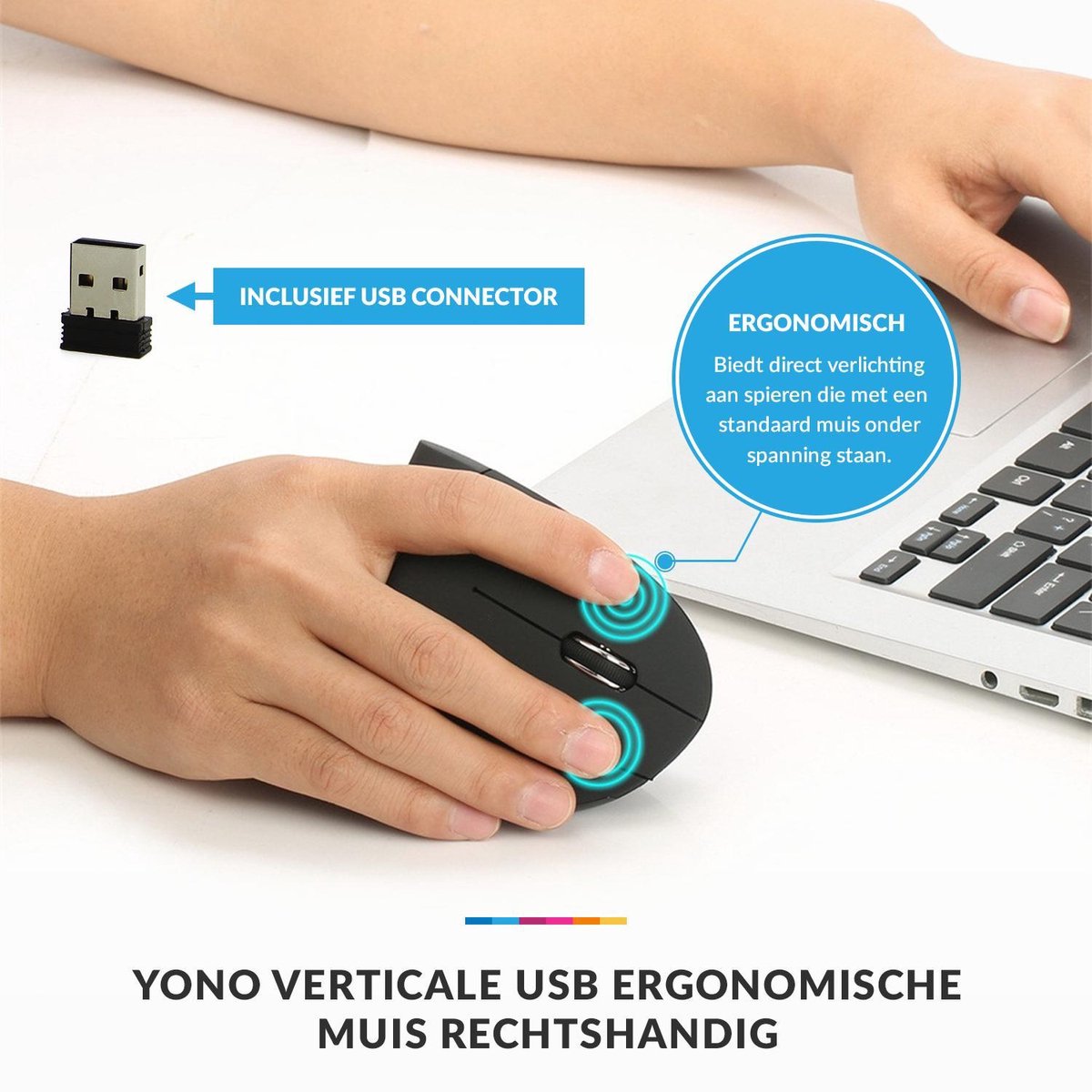 YONO Ergonomische Muis Rechtshandig – Verticale Laptop en Computermuis – Draadloos met USB Connector - Zwart