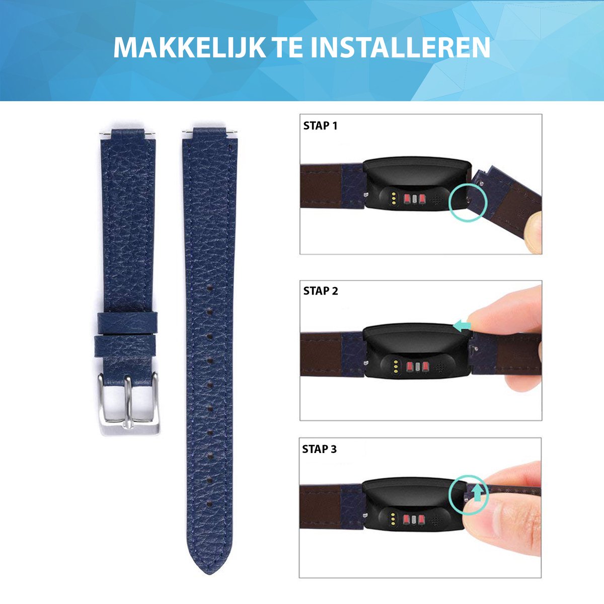 YONO Leer Bandje geschikt voor Fitbit Inspire 3 - Vervangende Lederen Armband - Donkerblauw