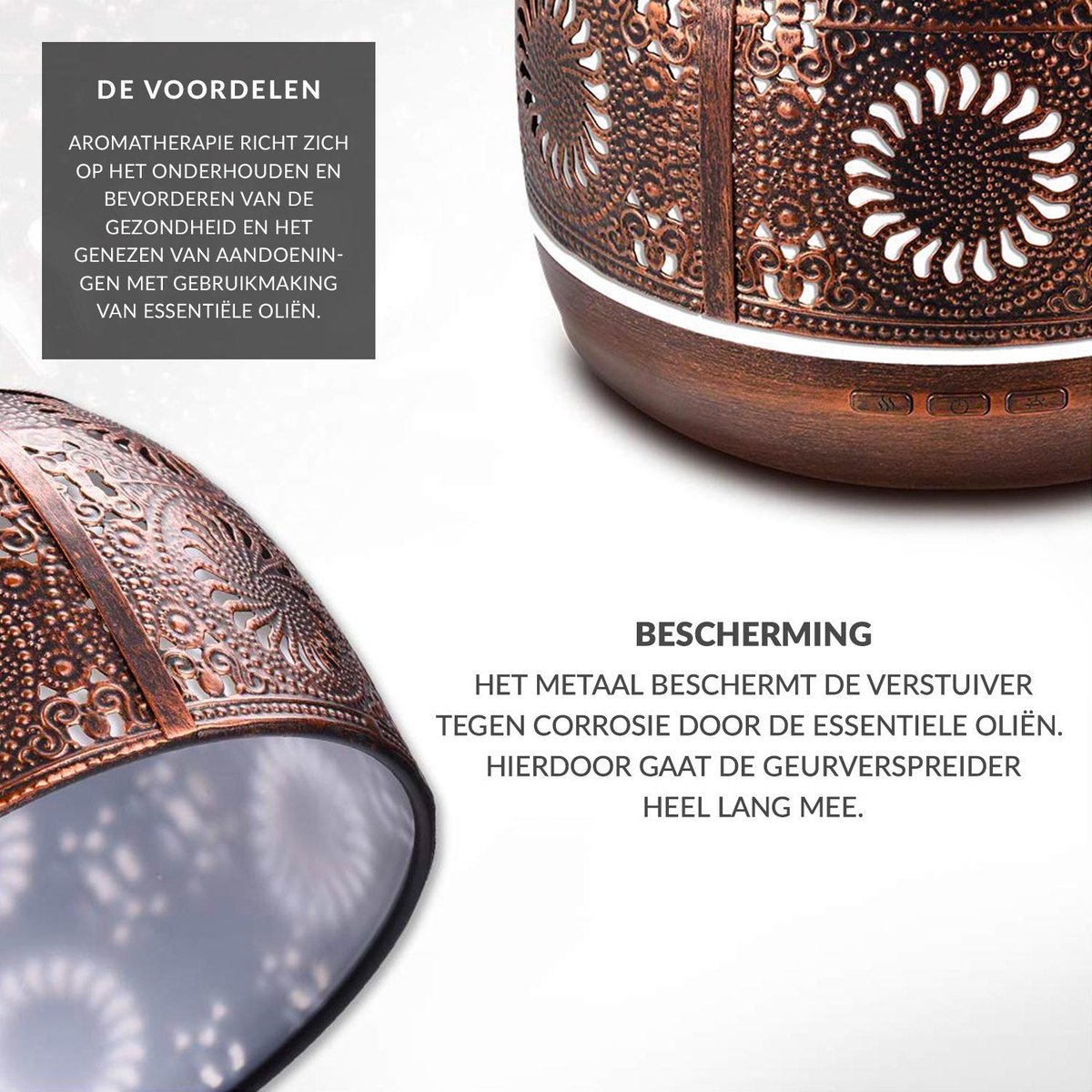 YONO Aroma Diffuser met LED verlichting - Verstuiver voor Etherische Olie - Geurverspreider - Vernevelaar - Brons Metaal - 500ML