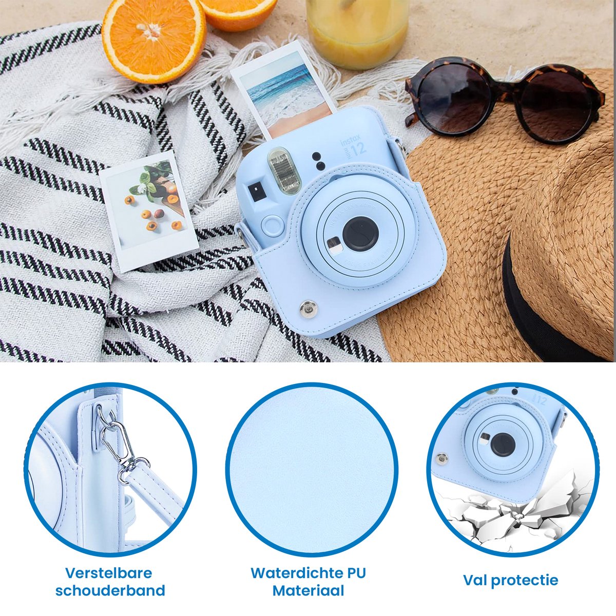 YONO Accessoires Set geschikt voor Fujifilm Instax Mini 12 - Camera Tas met Draagriem - Hoesje en Fotoalbum - Pastel Blauw
