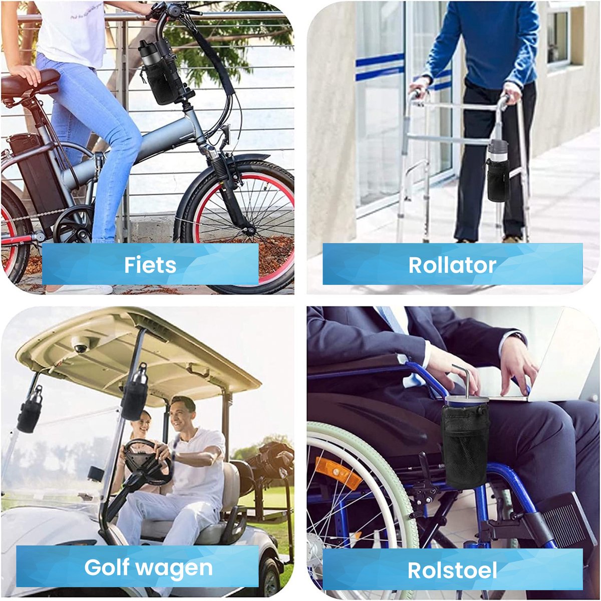 YONO Bidonhouder met Klittenband - Universeel geschikt voor Fiets / Racefiets / Mountainbike / Kinderwagen / Buggy - Flessen / Beker Houder Verstelbaar - Zwart