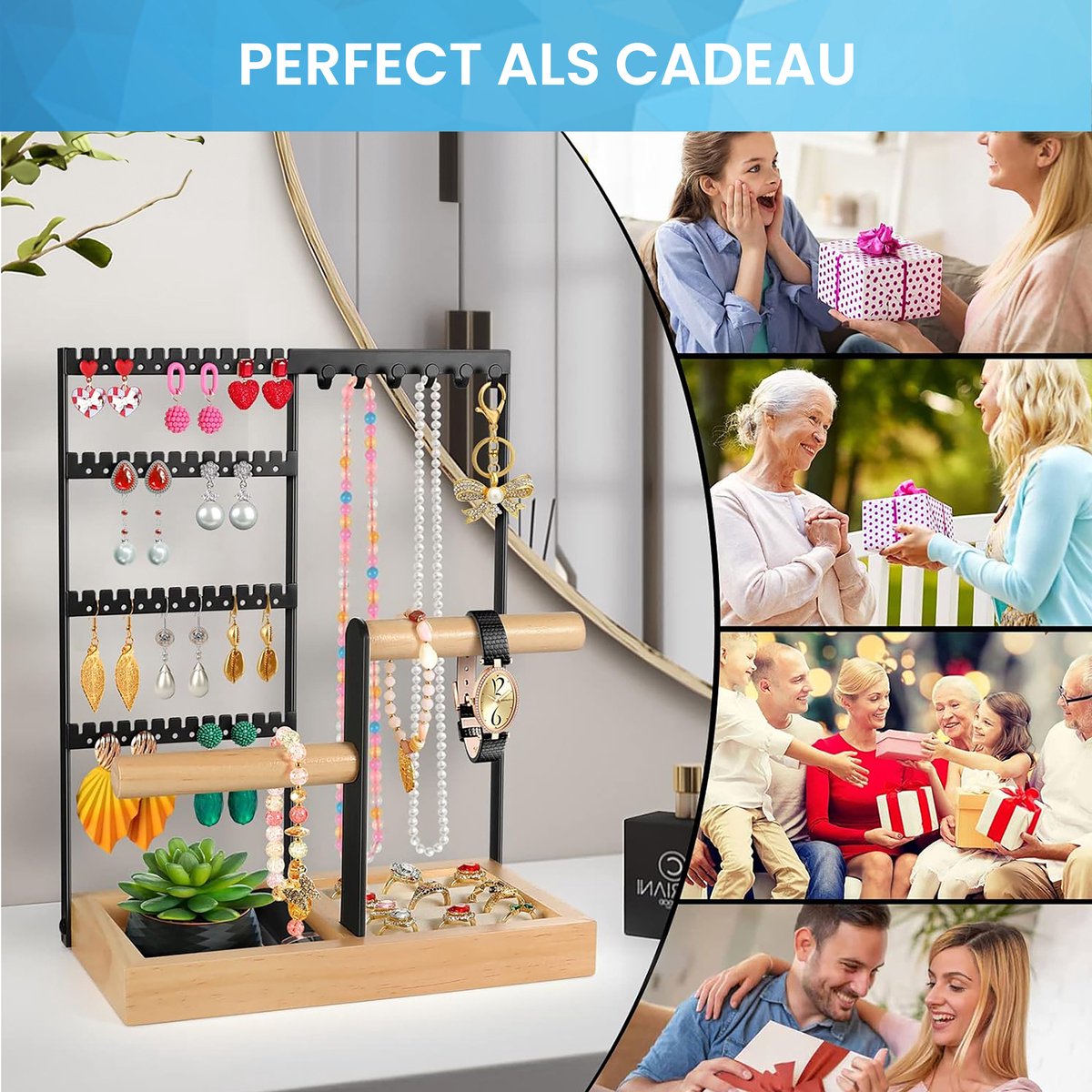 YONO Sieradenrekje Organizer - Houder Display voor Oorbellen / Kettingen / Armbanden Opbergen - Hout en RVS - Zwart