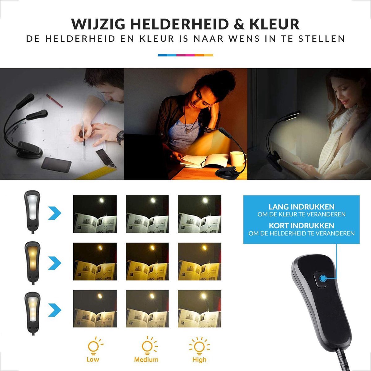 YONO Leeslampje voor Boek - Leeslamp Slaapkamer met Dimfunctie – Klemlamp – Bedlamp – Zwart