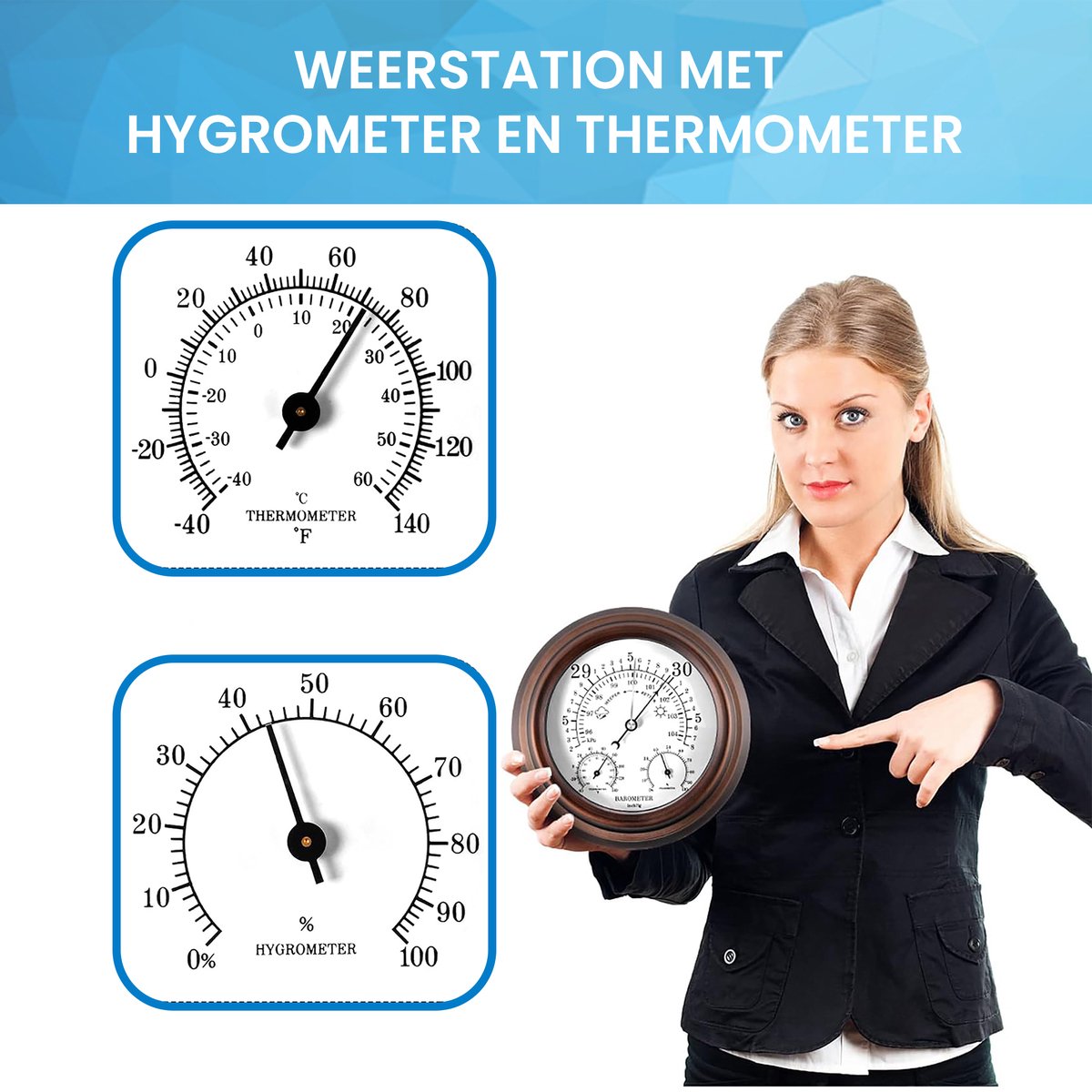 YONO Barometer voor Binnen - Klassiek Weerstation met Hygrometer en Thermometer - Houtlook