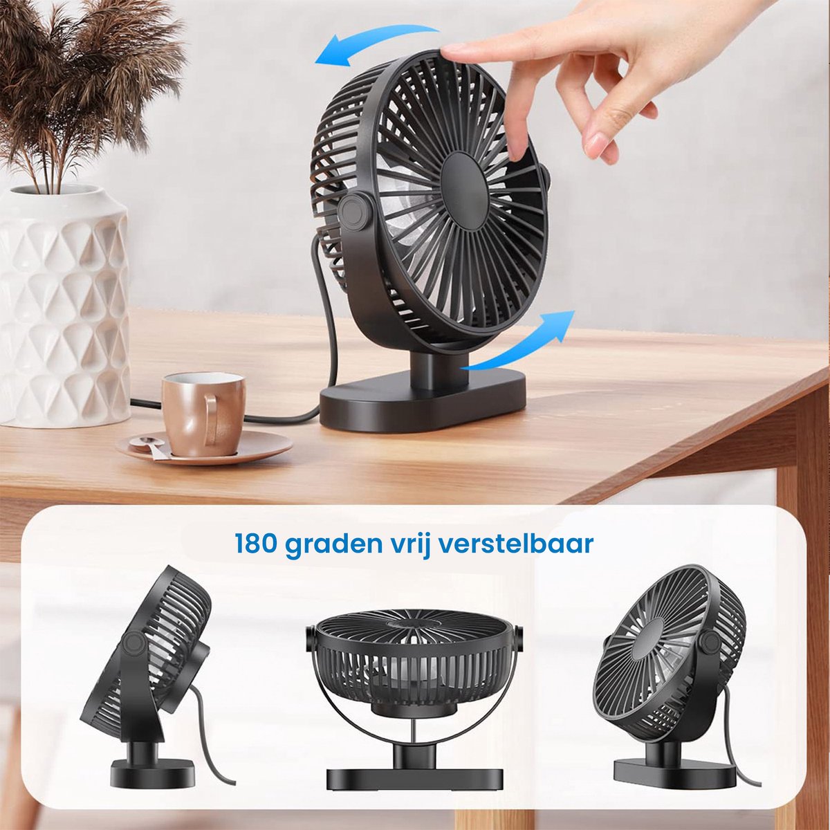 YONO Tafelventilator - USB Ventilator voor Tafel of Bureau - Kantelbaar - 3 Snelheden - Zwart
