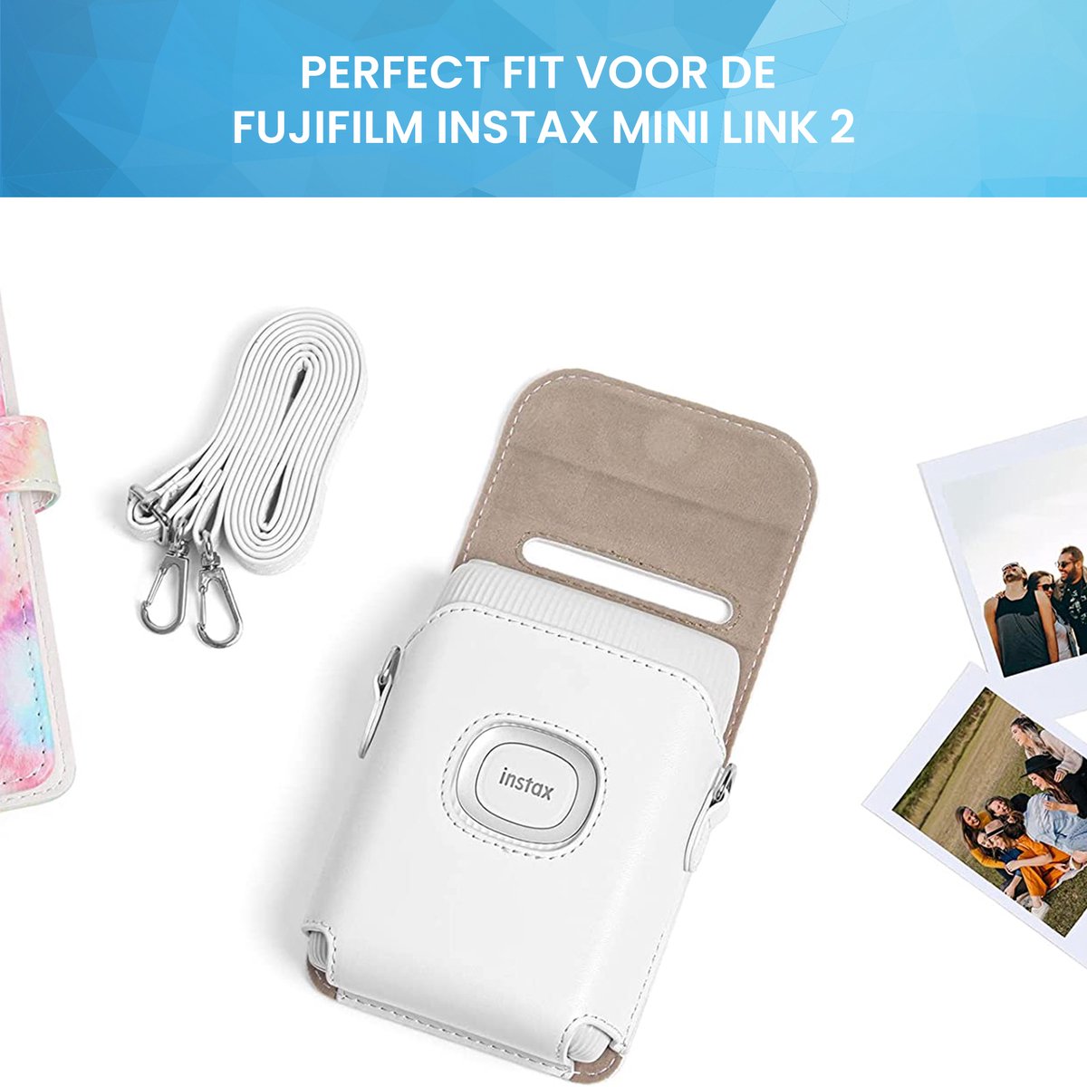 YONO Case geschikt voor Fujifilm Instax Mini Link 2 - Leren Hoesje met Draagriem - Tasje - Beschermhoes - Wit
