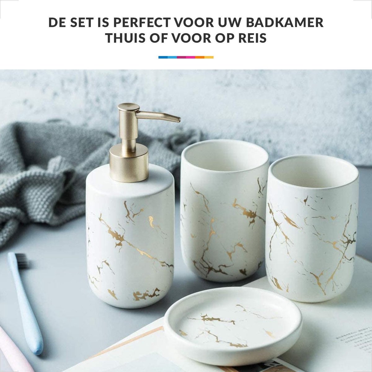Badkamer Accessoires Set – Tandenborstelhouder –Zeeppompje Zeepbakje – Keramiek met Marmer Design – Wit