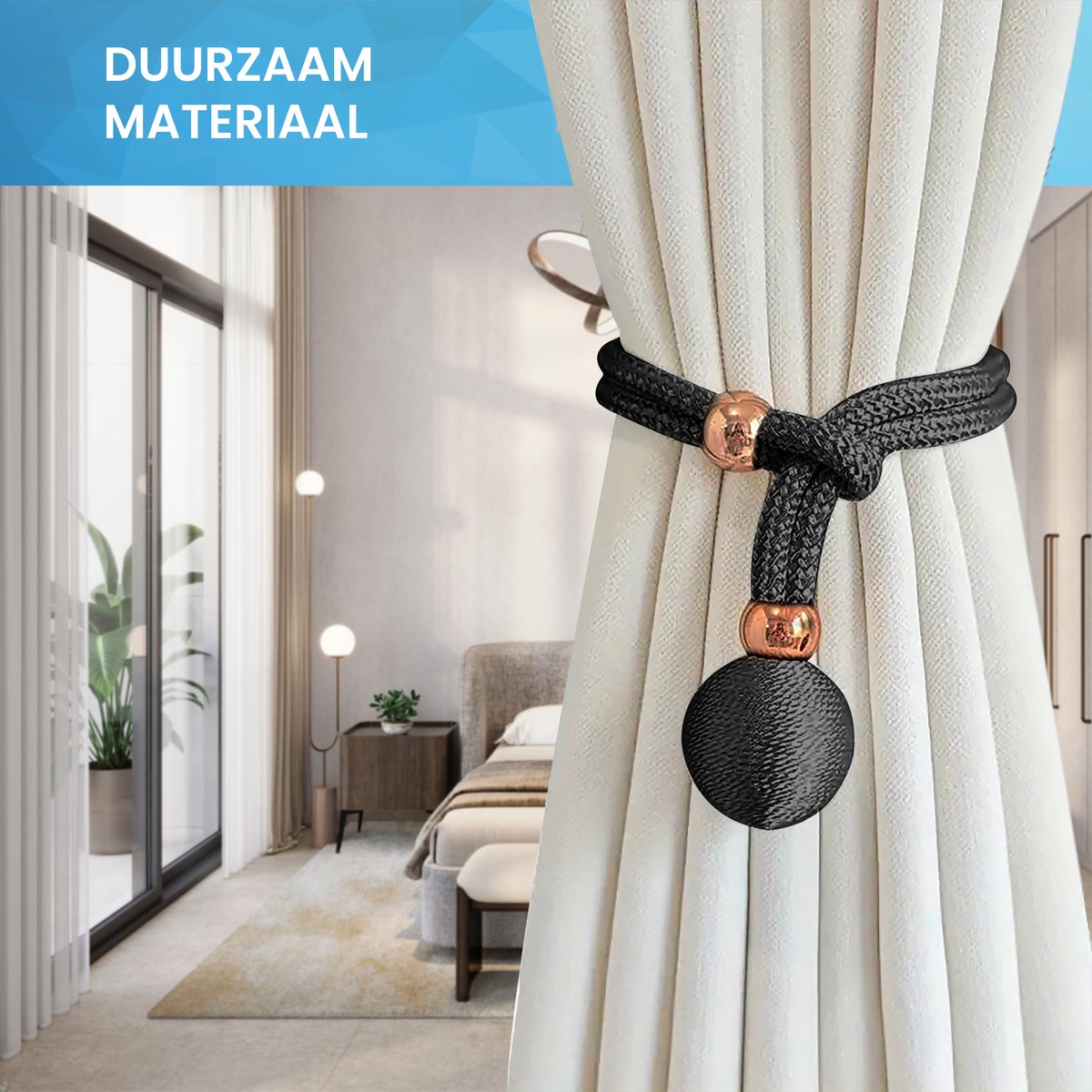 YONO Luxe Gordijn Houder - Gordijn Embrasse Modern - Gordijnbinder Touw - 2 Stuks - Zwart