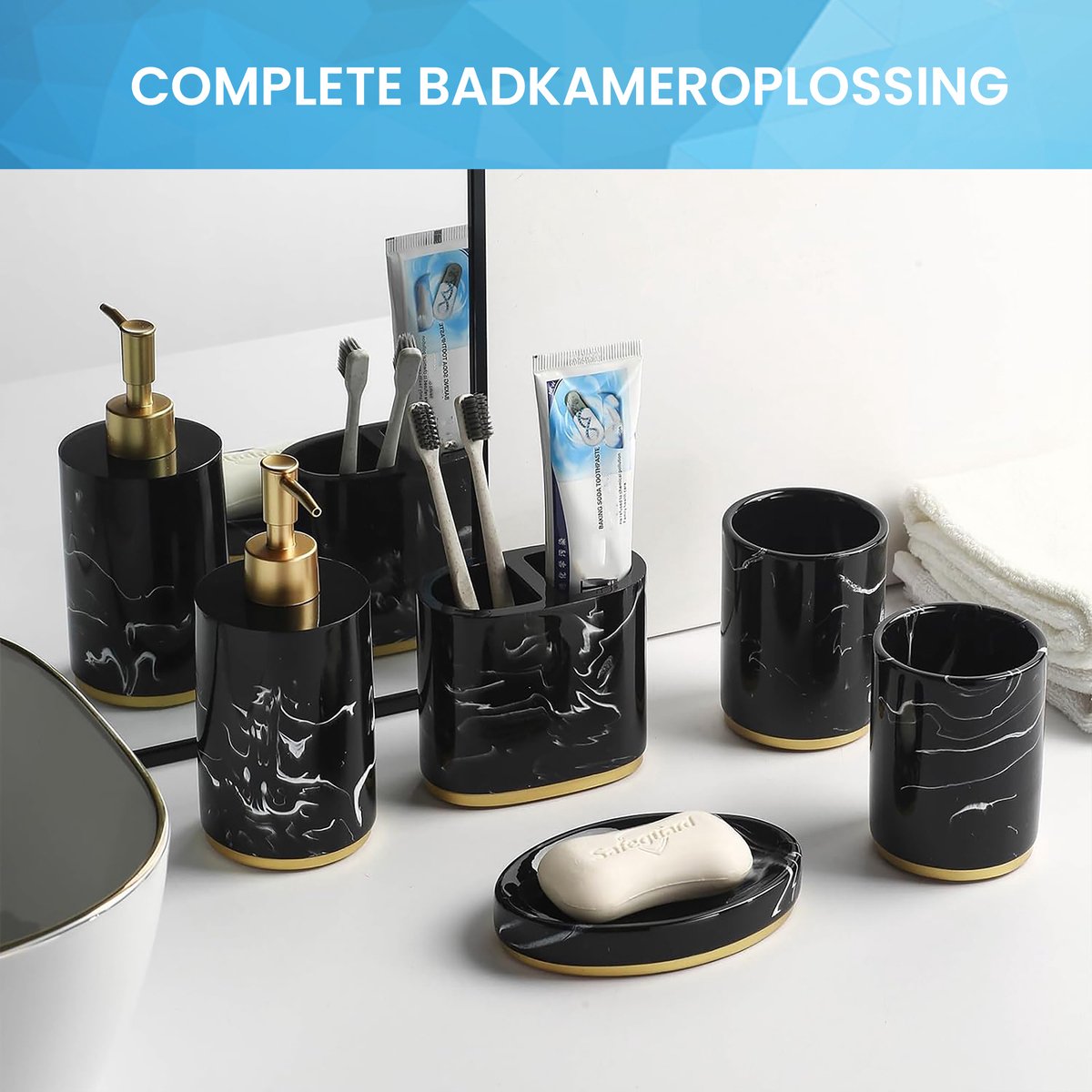 YONO Badkamer Accessoires Set - Zeeppompje - Zeepbakje - Tandenborstel Houder - Beker - Marmerlook Zwart Goud