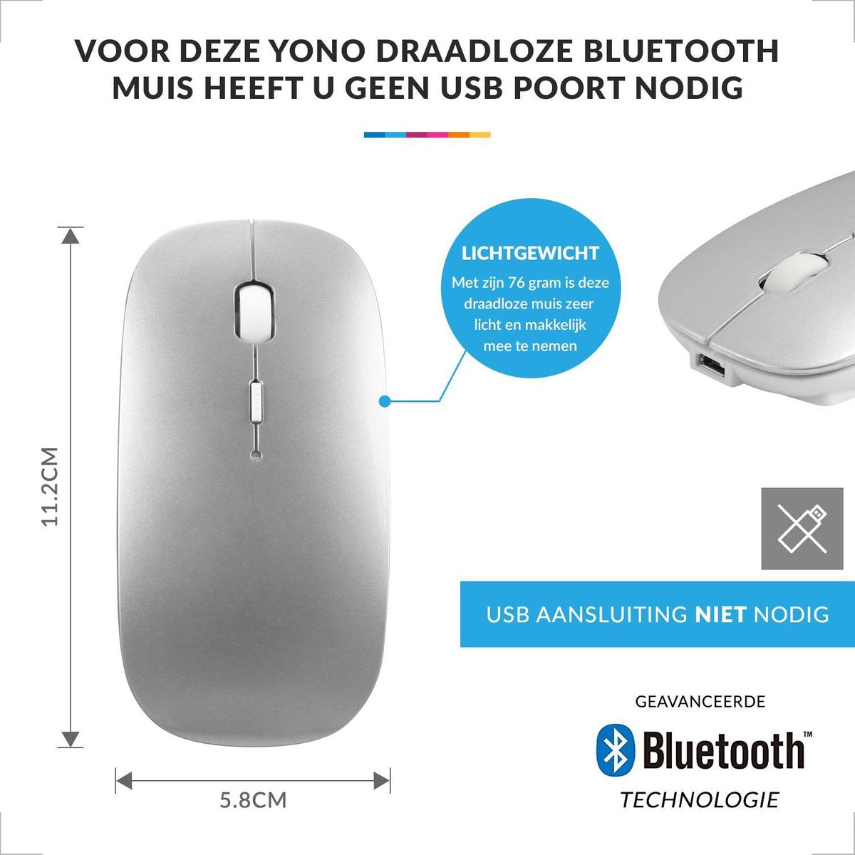 YONO Draadloze Muis met Bluetooth - Oplaadbaar - Geschikt voor Laptop, PC en Mac - Zilver