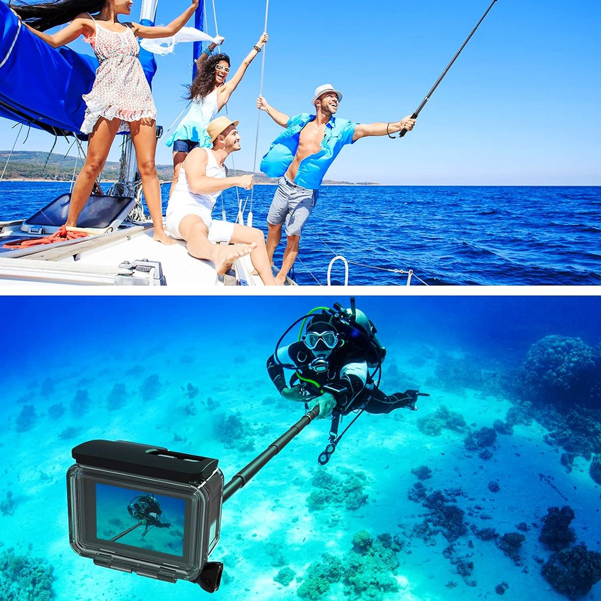 YONO Premium Stick geschikt voor GoPro / DJI Osmo / Insta360 - Onzichtbare Selfie Pole Mount Accessoires Waterproof - Uitschuifbaar tot 120cm - Zwart