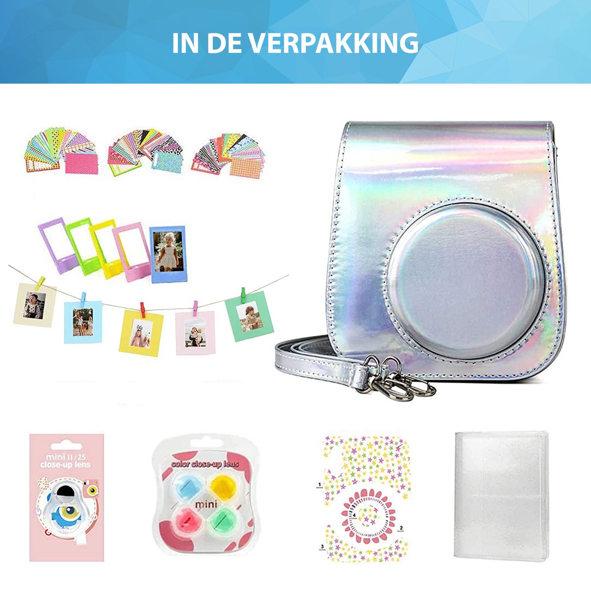 YONO Accessoires Set geschikt voor Fujifilm Instax Mini 11 - Case - Camera Tas - Hoesje - Filters - Fotoboek - Fotoalbum - Stickers en meer - Zilver