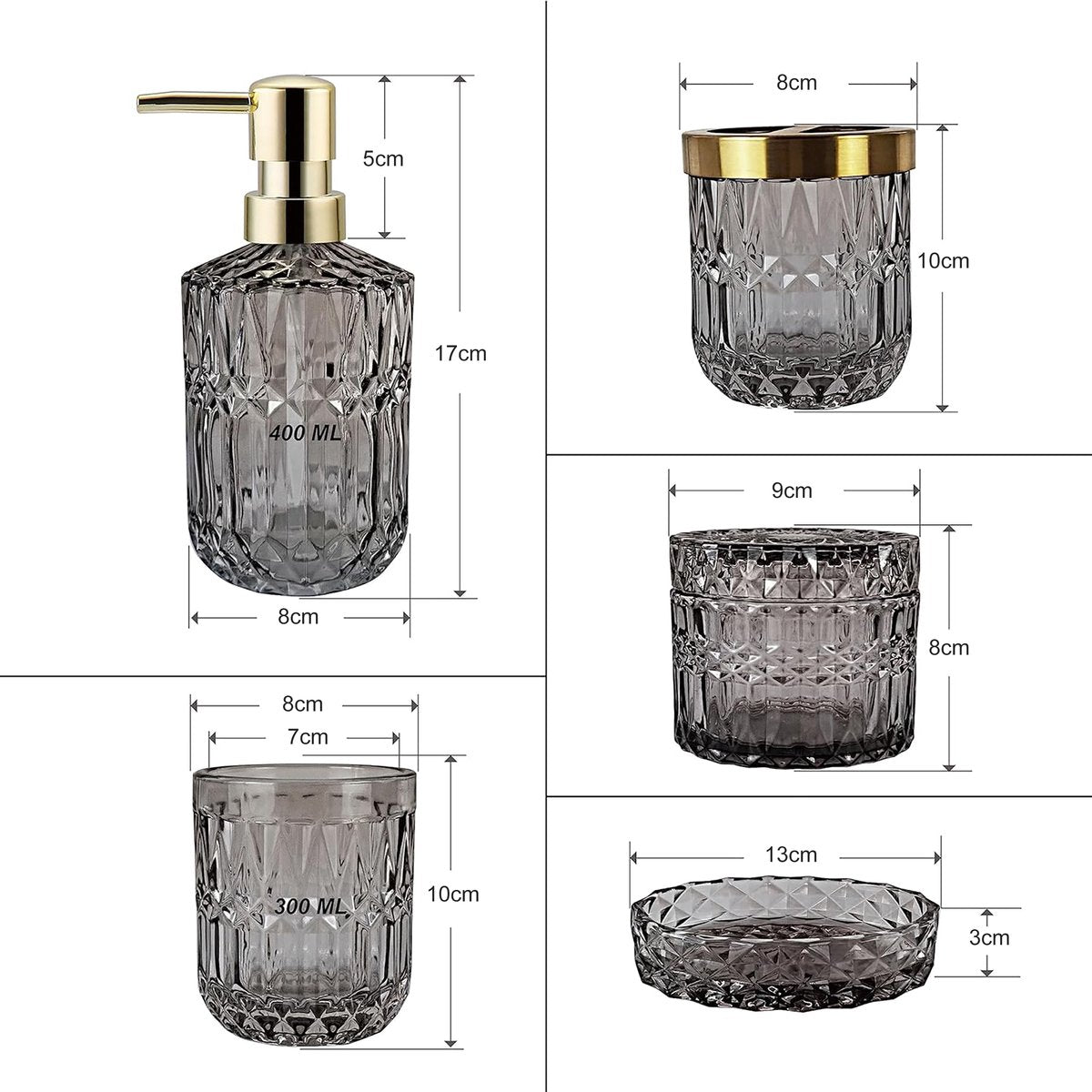 YONO Badkamer Accessoires Set - Gehard Glas - Zeeppompje - Zeepbakje - Tandenborstel Houder - Beker - Grijs