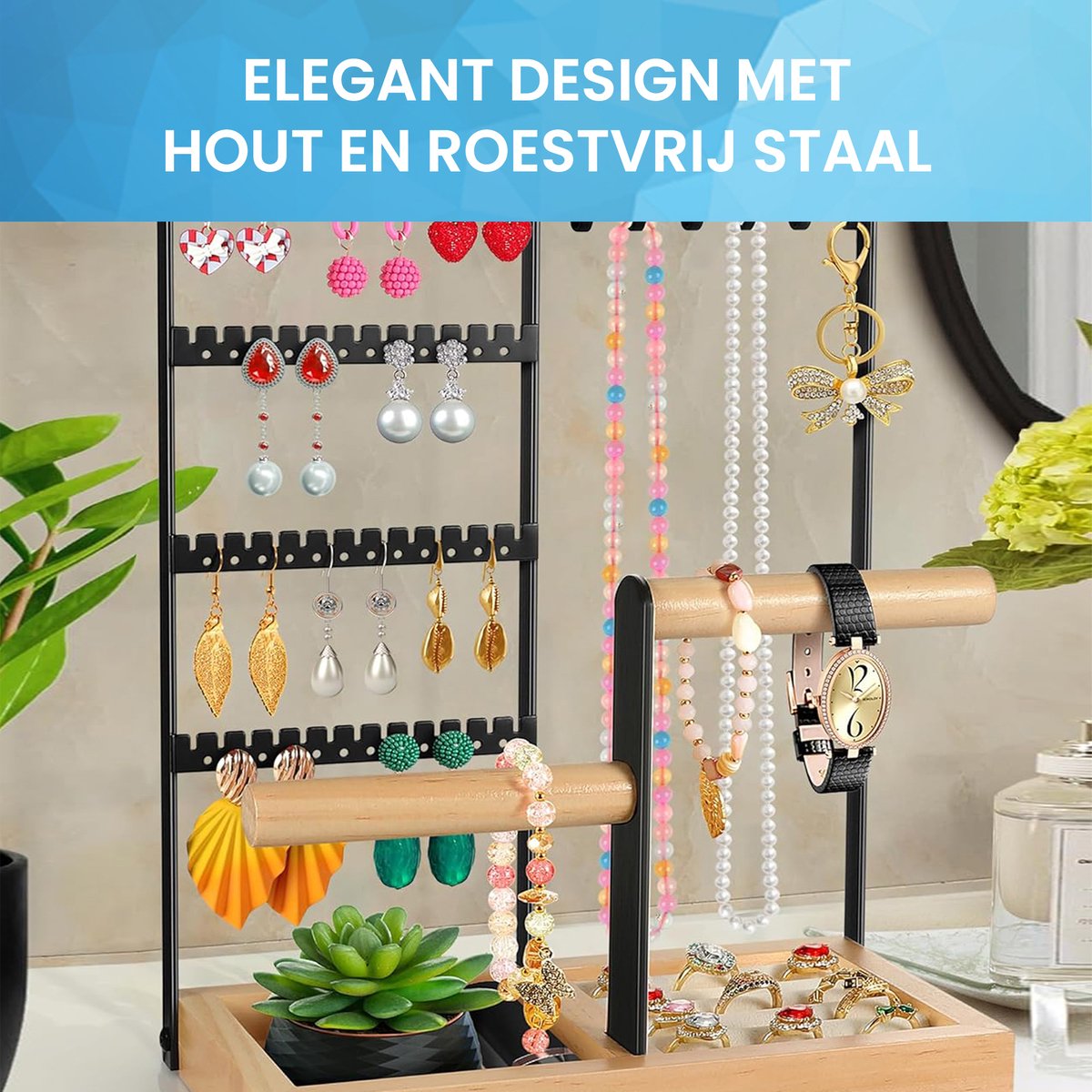 YONO Sieradenrekje Organizer - Houder Display voor Oorbellen / Kettingen / Armbanden Opbergen - Hout en RVS - Zwart