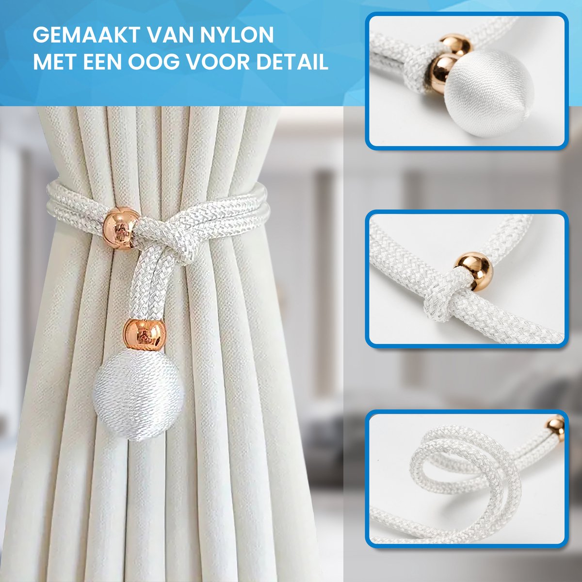 YONO Luxe Gordijn Houder - Gordijn Embrasse Modern - Gordijnbinder Touw - 2 Stuks - Wit