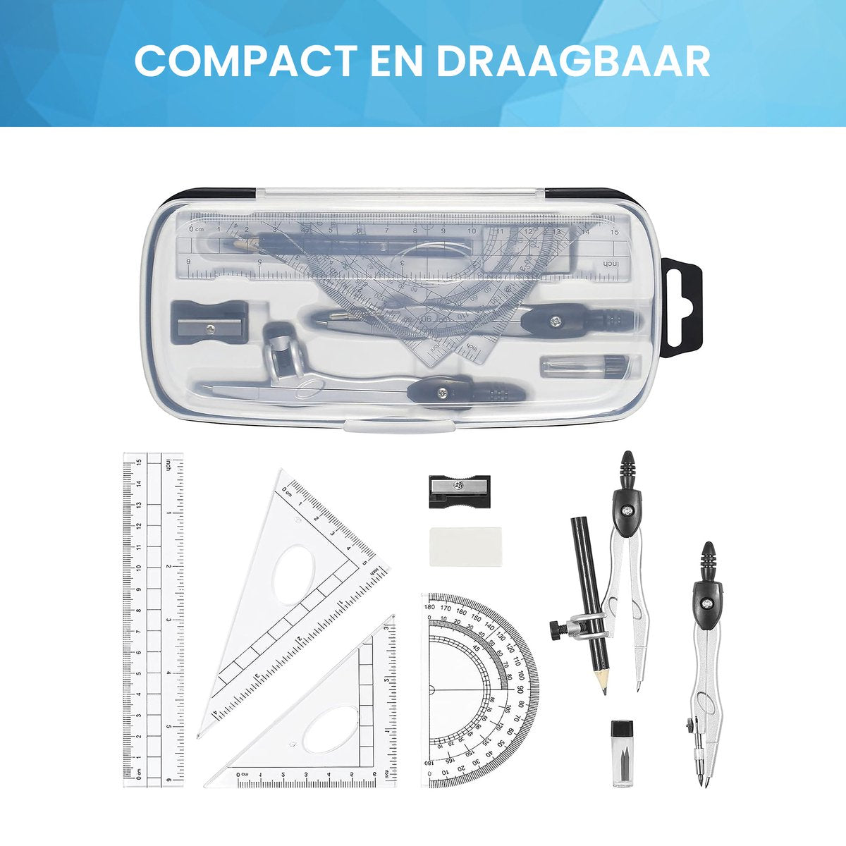 YONO Wiskunde School Set 10in1 - Passer / Geodriehoek / Liniaal / Potlood - Schoolspullen Middelbare - Zwart