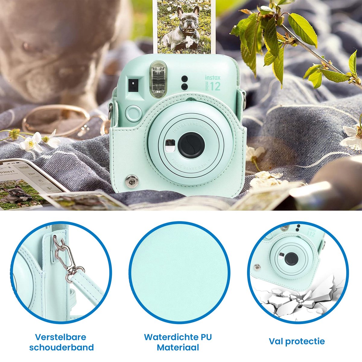 YONO Accessoires Set XL geschikt voor Fujifilm Instax Mini 12 - Camera Tas met Draagriem - Hoesje en Fotoalbum - Fotolijstjes - Filters - Stickers - Mint Groen