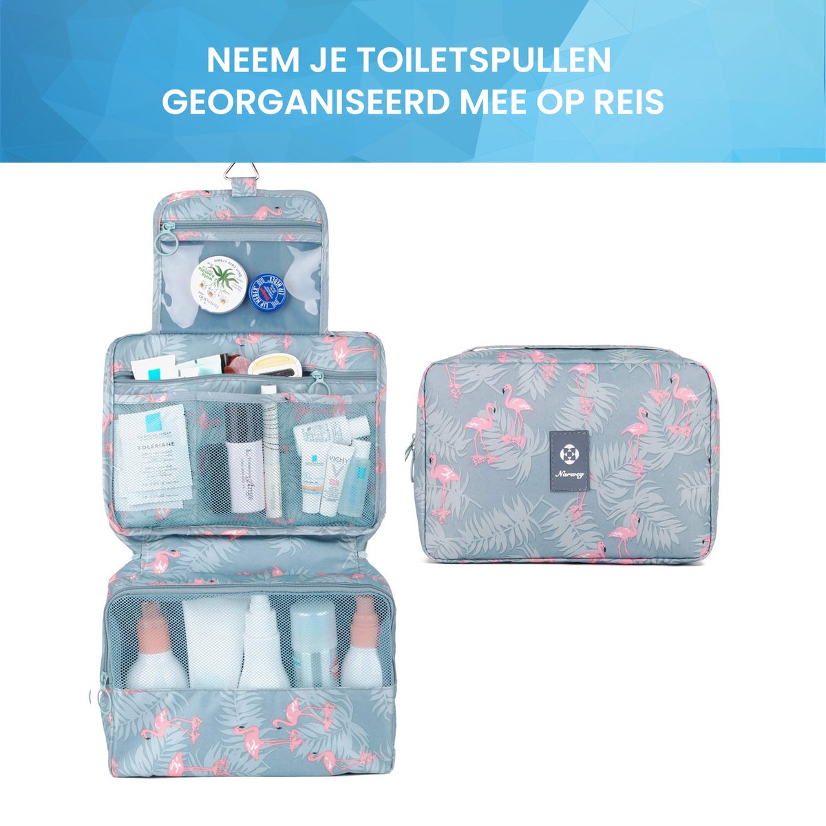 YONO Reis Toilettas Hangend met Haak - Geschikt voor Beauty, Make Up en Toiletartikelen – Travel Organizer – Cosmetica Tas voor Dames en Heren - Flamingo Blauw