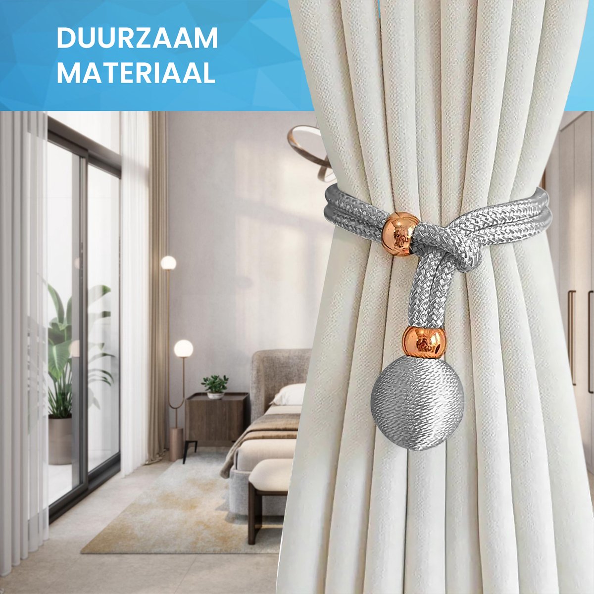 YONO Luxe Gordijn Houder - Gordijn Embrasse Modern - Gordijnbinder Touw - 2 Stuks - Grijs
