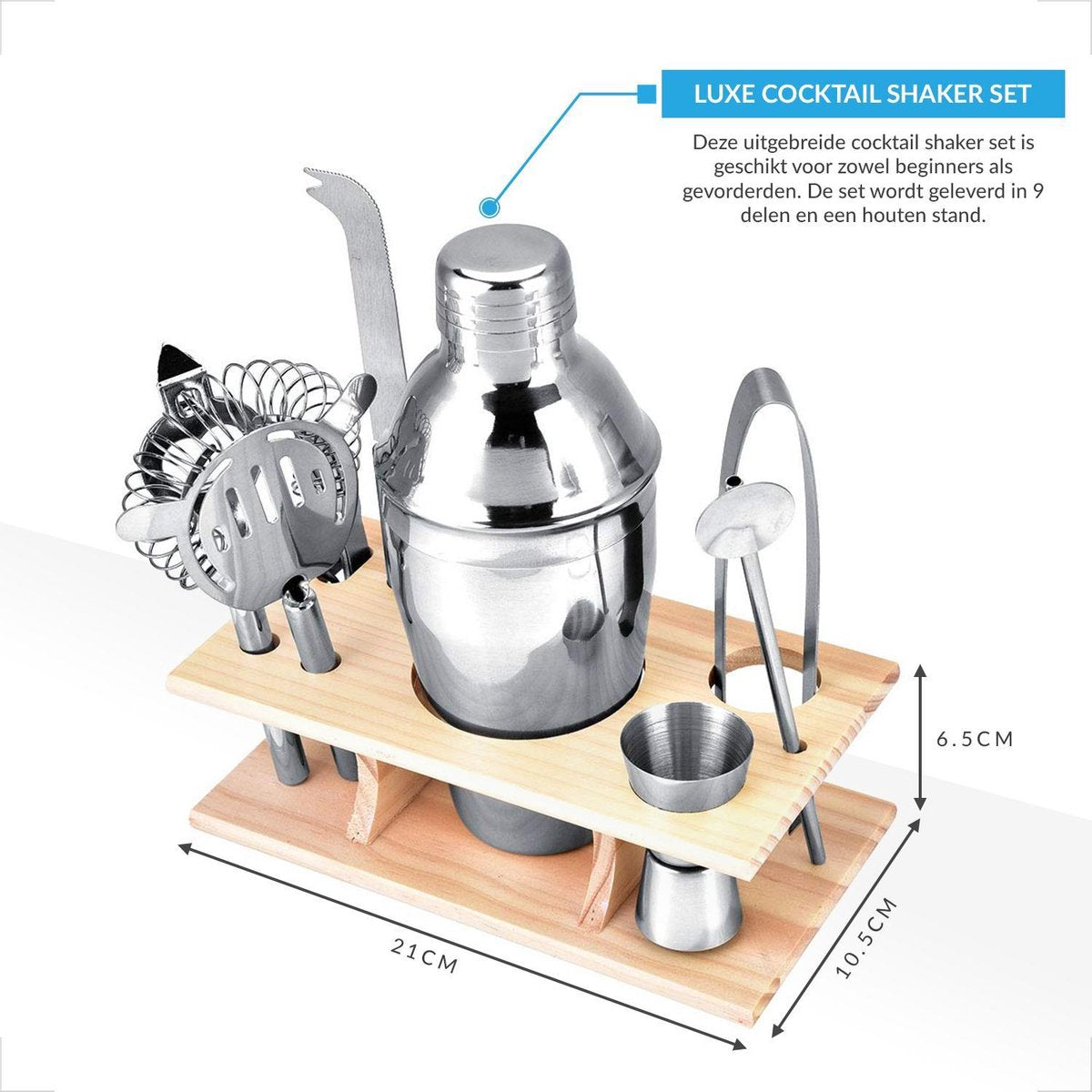YONO Luxe Cocktail Shaker Set 9-delig en Organizer – Metaal met Houten Bar Stand