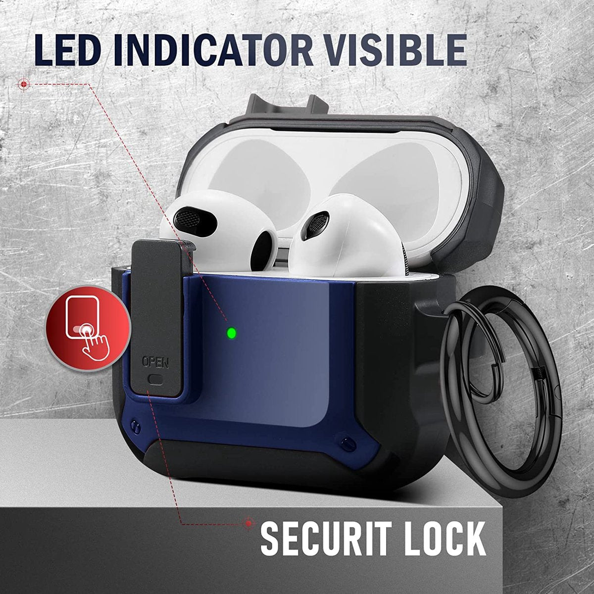 YONO Armor Hoesje geschikt voor Apple Airpods 3 (3e Generatie) - Hard Case met Lock en Clip - Donkerblauw