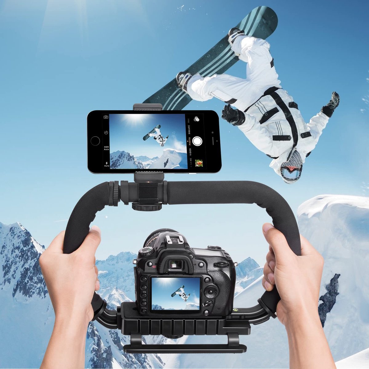 YONO Stabilisator Statief Handheld voor Camera en Accessoires - Professionele Stabilizer Handheld Beugel geschikt voor Actioncam / Smartphone / Videorecorder / Vlog / Youtube / Tiktok / Lamp / Microfoon - Zwart