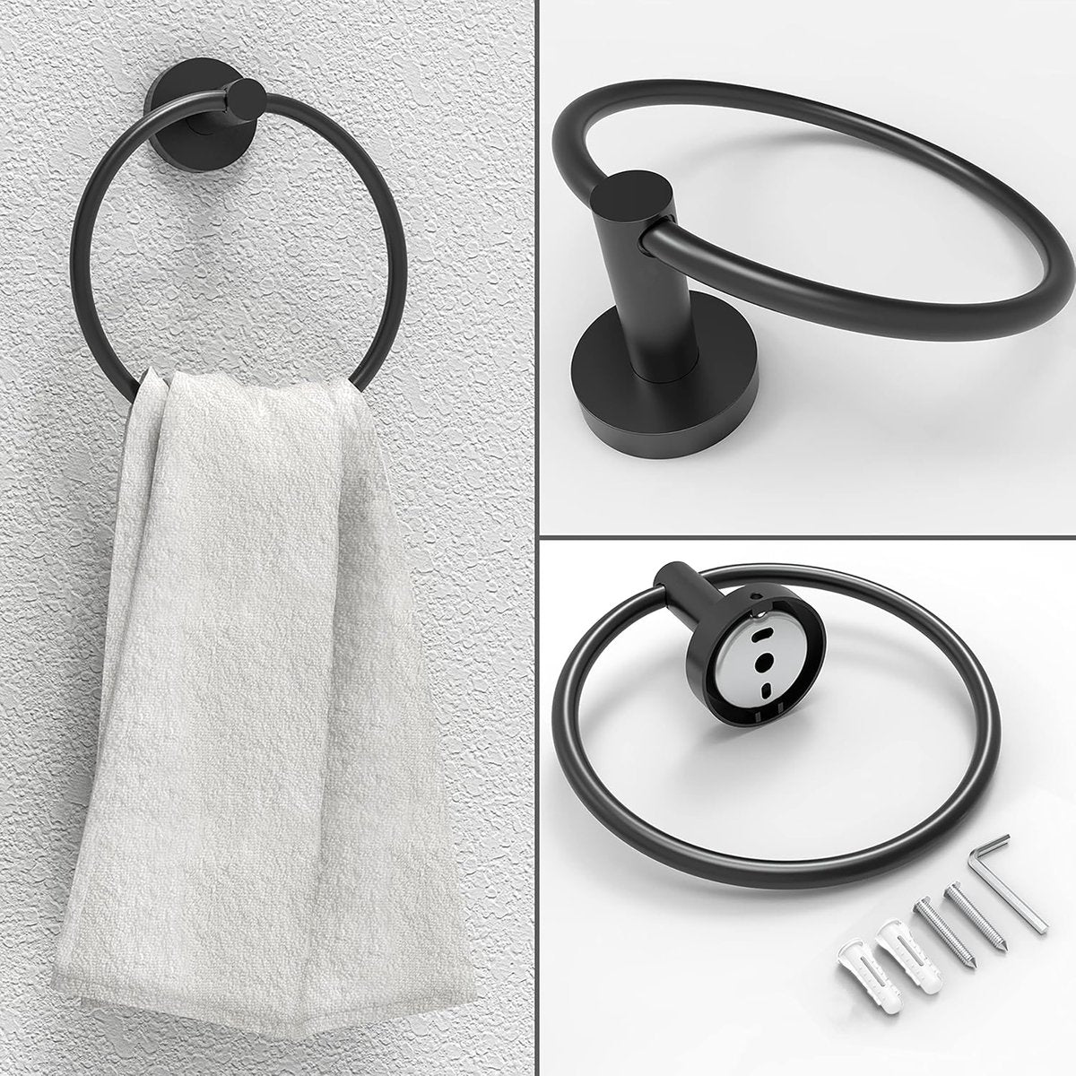 YONO Handdoekhouder en WC Rolhouder - RVS - Handdoekring - Badkamer Houder Accessoires - Toiletrolhouder Handdoekrek - Set van 2 - Mat Zwart