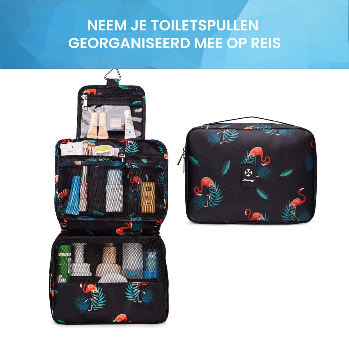 YONO Reis Toilettas Hangend met Haak - Geschikt voor Beauty, Make Up en Toiletartikelen – Travel Organizer – Cosmetica Tas voor Dames en Heren - Flamingo Zwart