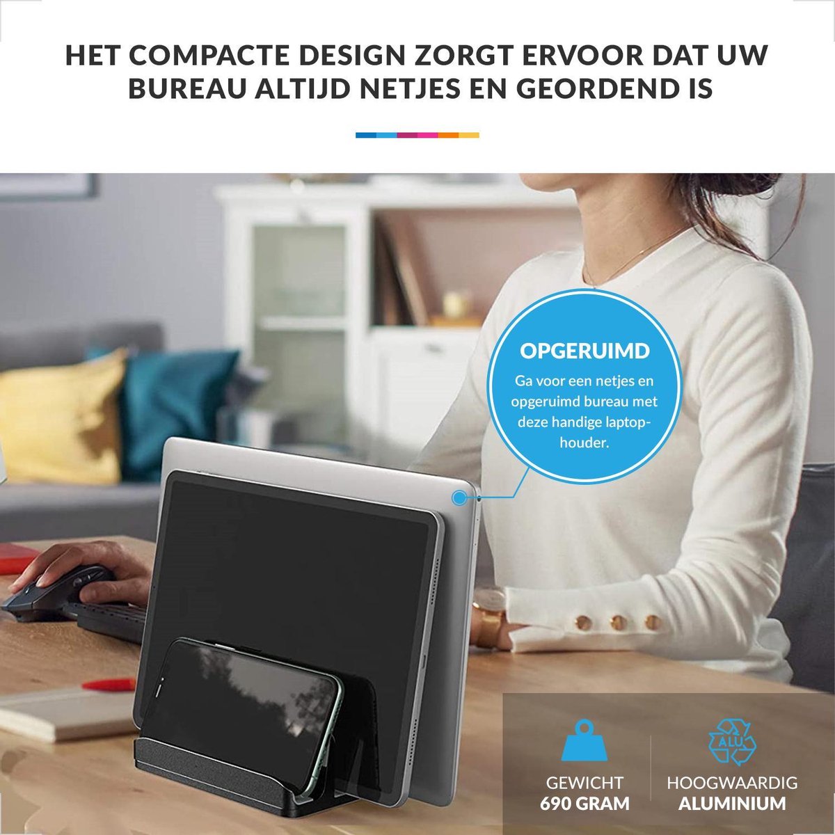 YONO Aluminium Laptop Standaard Verticaal XL – Verticale Houder voor Bureau / Tablet / Telefoon / Macbook - Zwart