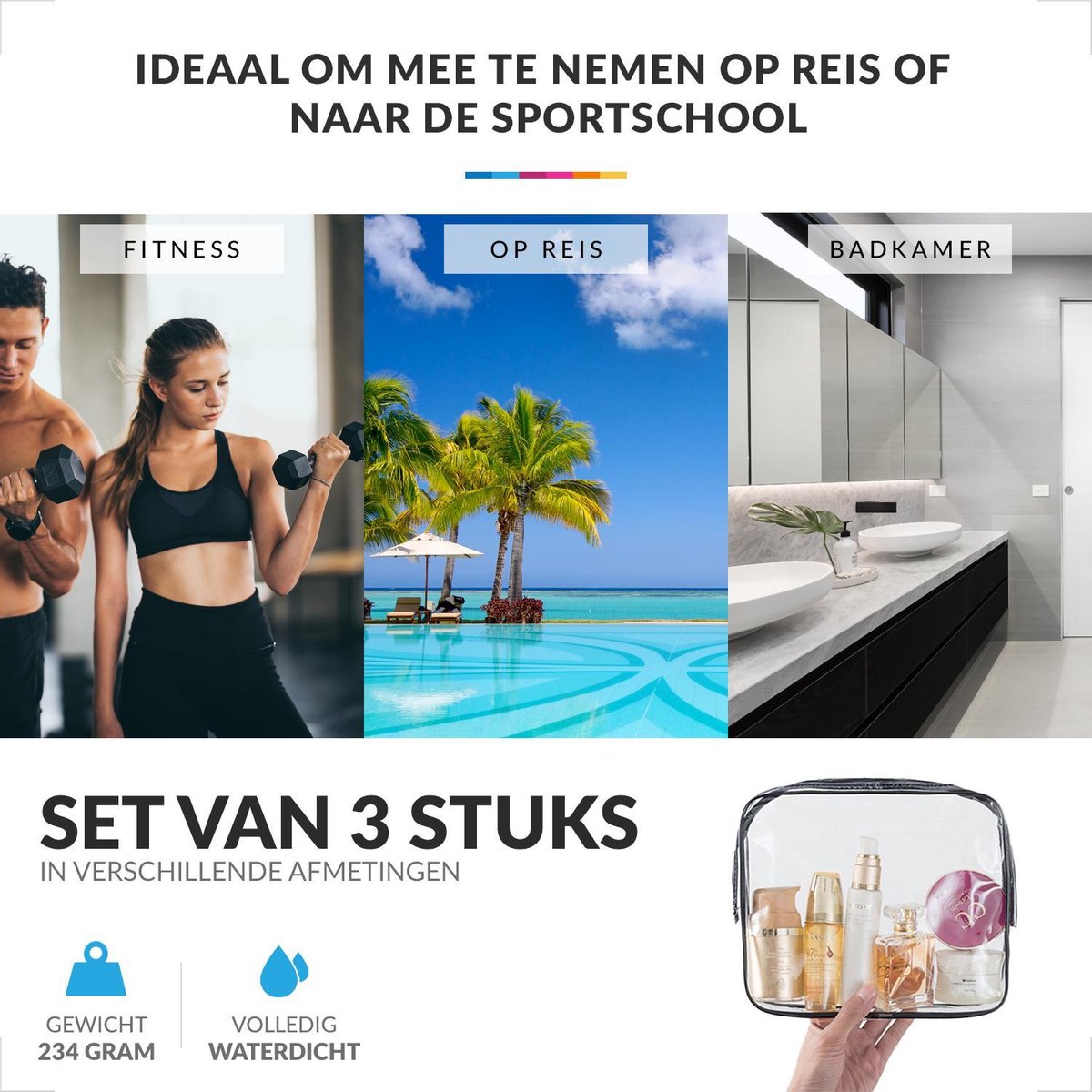 YONO Reis Doorzichtige Toilettas Set voor Toiletartikelen – Transparante Travel Organizer Bag 3-Pack