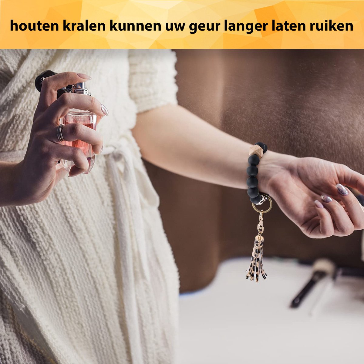 YONO Sleutelarmband Dames - Sleutelhanger met Kwastje en Kralen Armband - Leopard