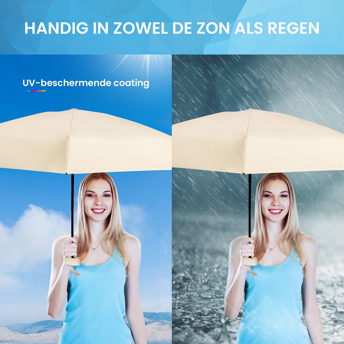 YONO Mini Paraplu Opvouwbaar - Kleine Zak Regenscherm - Zonneparaplu UV Bescherming - Beige