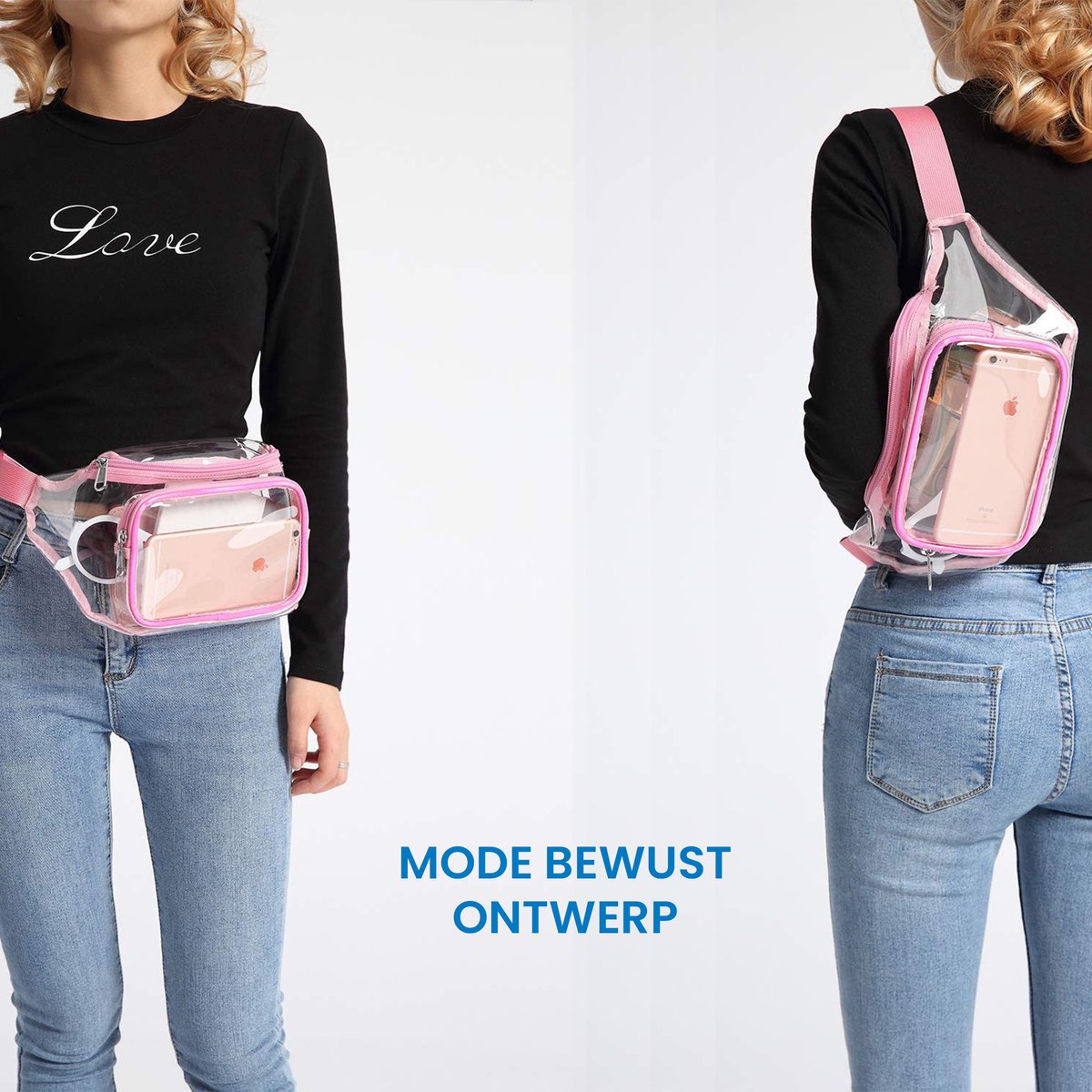 YONO Fanny Pack Doorzichtig - Heuptasje geschikt voor Festival / Reizen - Telefoontasje Crossbody - Buideltasje voor Dames en Heren - Lichtroze