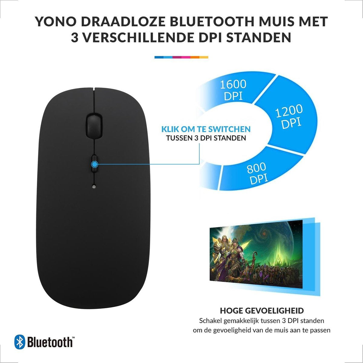 YONO Draadloze Muis met Bluetooth - Oplaadbaar - Geschikt voor Laptop, PC en Mac - Zwart