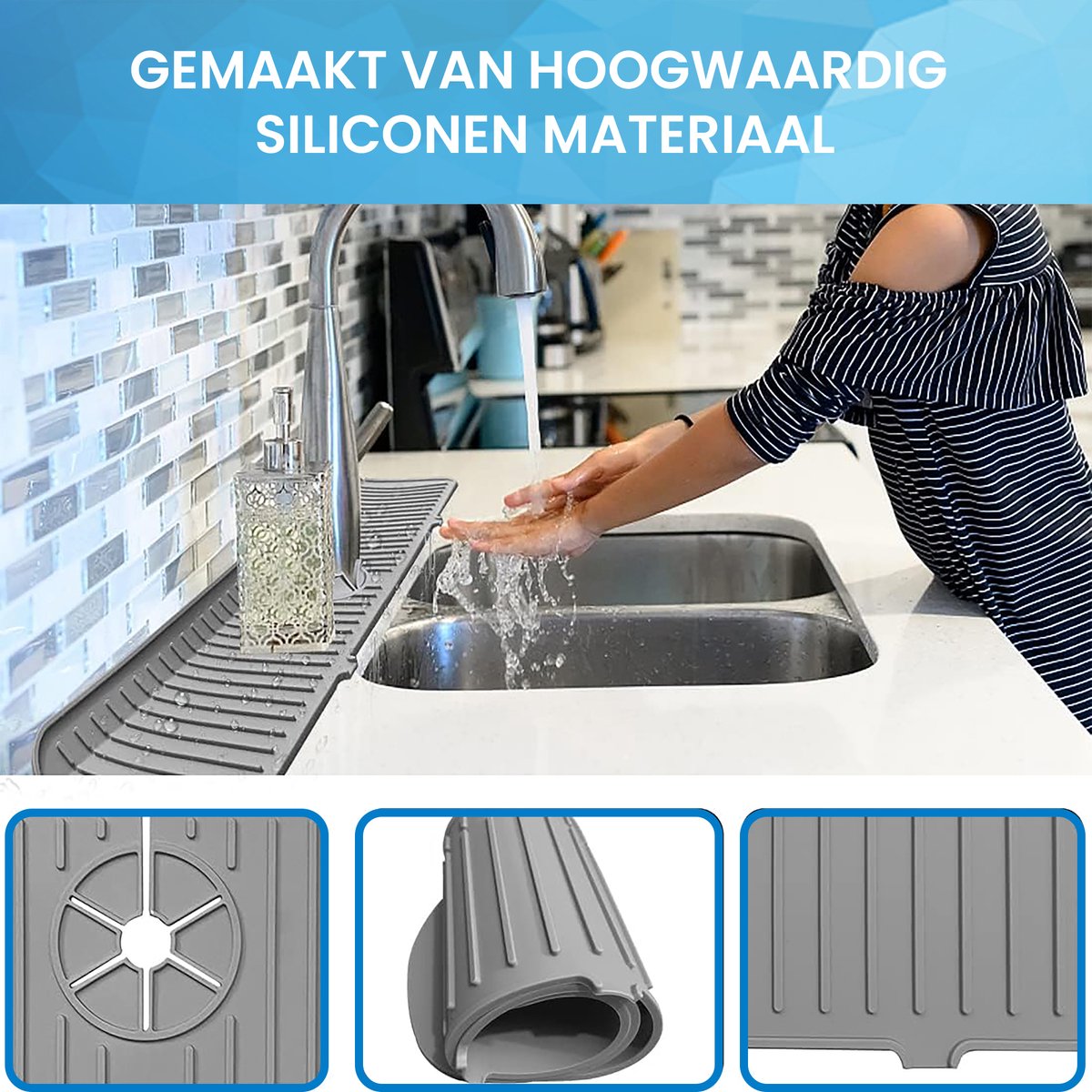 YONO Siliconen Kraanmat - Afdruipmat Organizer - Aanrechtmat voor Kraan - 45 x 15cm - Grijs