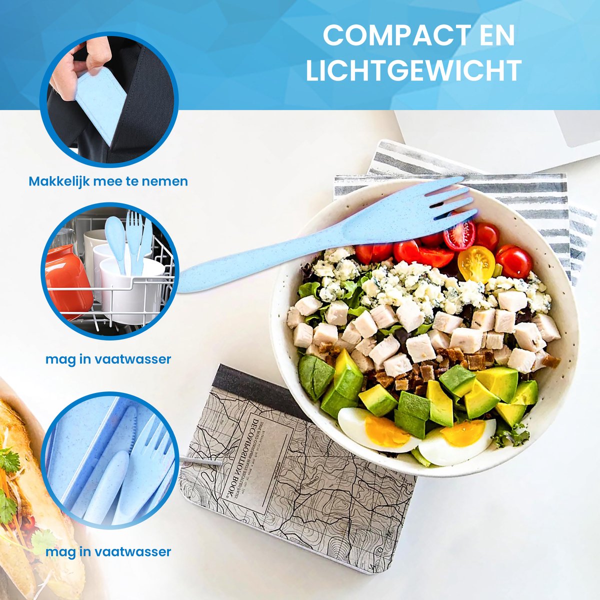 YONO Camping Bestek Set - Outdoor Eetgerei Meeneem Set - Reis Lepel, Vork en Mes - Blauw